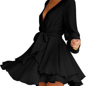 Cosonsen Women's Dress Deep V-Neck Long Sleeve Waist Tie Ruffle Mini Swing